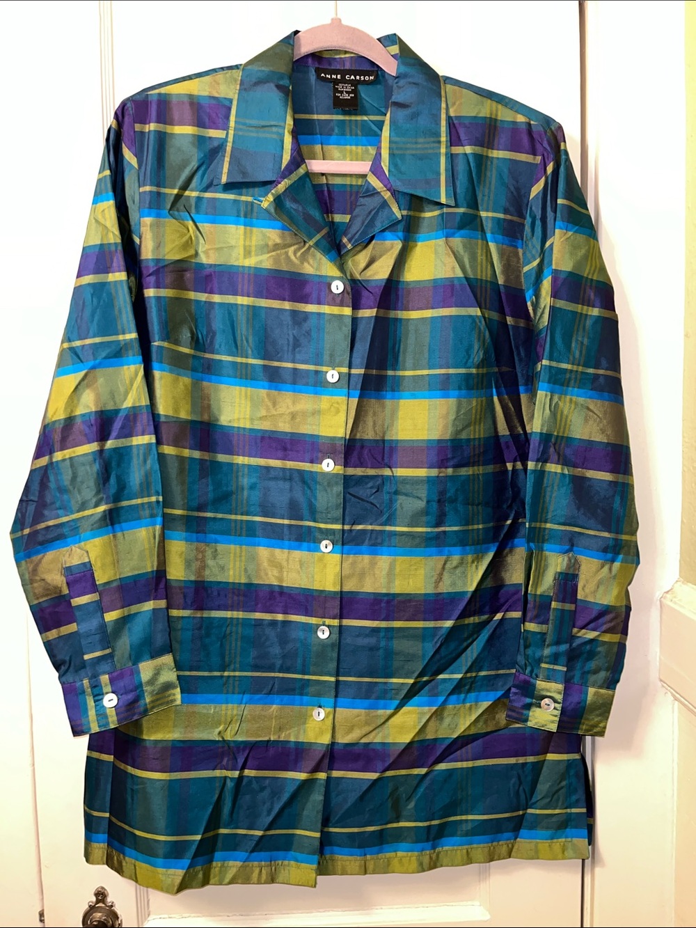Anne Carson Teal, Olive, and Purple Plaid Long-Sleeve Silk Button-Down Shirt